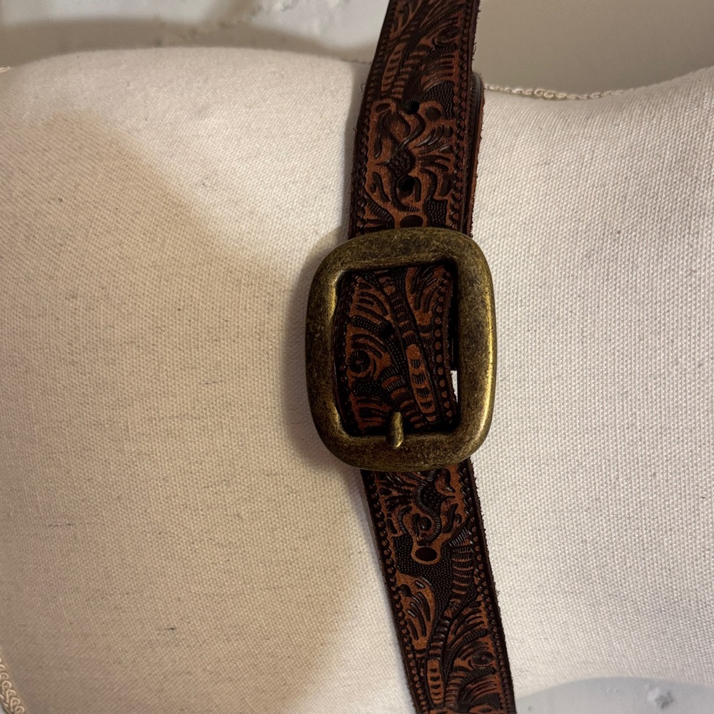 Brown Embossed Leather Belt with Brass Buckle